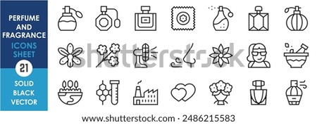 A set of line icons related to perfume and fragrance. Perfume, smell, good, flower, natural, beauty, herbal, chemical, bottle, celebrity and so on. Vector outline icons set.