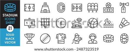 A set of line icons related to stadium. Stadium, ground, pitch, swimming, running, basketball, scoreboard, light, commentator, cameraman and so on. Vector outline icons set.