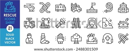 A set of line icons related to rescue. Help, disaster, bag, fire, truck, ladder, landslide, rope, injured, hotline, mining, boat, flood and so on. Vector outline icons set.