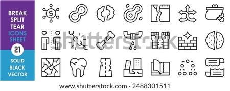 A set of line icons related to split, break and tear. Destruction, destroyed, cell division, paper, book, teeth, glass, breakup and so on. Vector outline icons set.