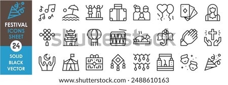 A set of line icons related to festival. Festive, summer, parents, cards, clothes, Chinese, Hindu, gift, games, kite, fun, music, drum and so on. Vector outline icons set.