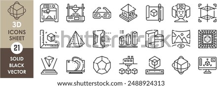 A set of line icons related to 3D. 3D, printing, scripting, house, scanning, geometry, statistics, television, goggles, pyramid, render, and so on. Vector outline icons set.