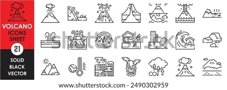 A set of line icons related to volcano. Volcano, volcanic, lava, rock, ocean, crust, earthquake, disaster, pollution, death, tsunami, flow and so on. Vector outline icons set.