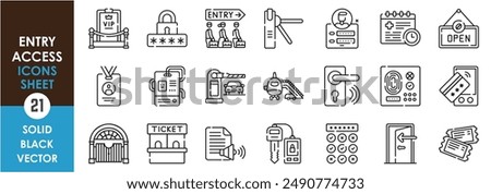 A set of line icons related to entry and access. Enter, VIP, pass, press, gate, key, ticket, id, fingerprint, pin, door, credit, digital, data, and so on. Vector outline icons set.