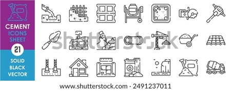 A set of line icons related to cement. Construction, concrete, mixing, jackhammer, foundation, blocks, pipes, roofing, wall, house, limestone, and so on. Vector outline icons set.