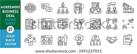 A set of line icons related to agreement, business and deal. Supply, consumer, real estate, contract, leader, exclusive, lending, money, meeting, hiring, presentation, and so on. Vector outline icons.