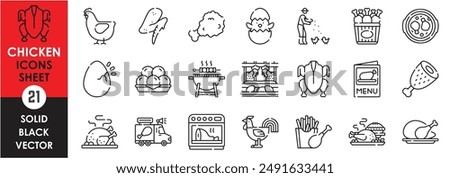 A set of line icons related to chicken. Chicken, roast, fried, crunch, non-veg, barbecue, menu, nuggets, egg, hatch, wings, rooster, food truck and so on. Vector outline icons set.