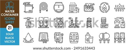 A set of line icons related to water container. Water, tank, liquid, bottle, purifier, jar, pool, well, pipes, filter, distill, barrel, and so on. Vector outline icons set.