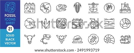 A set of line icons related to fossils. Fossil, fuel, paleontology, archaeology, rock, imprint, ammonite, trilobite, geology, history, skull, resin and so on. Vector outline icons set.