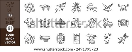 A set of line icons related to fly. Birds, airplane, drone, jetpack, butterfly, balloon, house fly, kite, witch, city, car, money, unicorn and so on. Vector outline icons set.