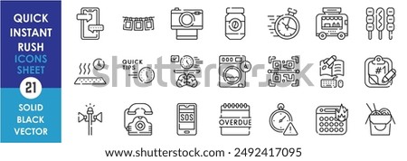 A set of line icons related to quick, instant and rush. Fast, clock, deadline, priority, scan, photo, noodles, food, urgent, cleaning, dry, phone and so on. Vector outline icons set.