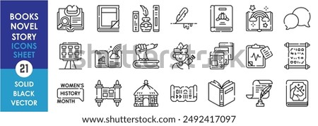 A set of line icons related to books, novel and story. Books, novel, ancient, speech, myth, horror, old, history, hut, feather, and so on. Vector outline icons set.