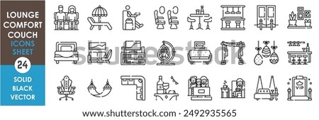 A set of line icons related to lounge, comfort, and couch. Living room, pub, bar, sofa, armchair, bed, drinks, decorated, luxurious, airplane seat, beach, VIP, family and so on. Vector outline icons.