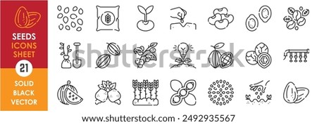 A set of line icons related to Seed. Seed, walnut, pumpkin, seeding, sow, sprout, cocoa, beans, wheat, watermelon and so on. Vector outline icons set.
