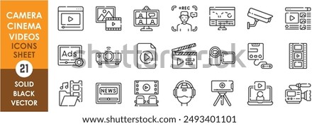 A set of line icons related to camera, cinema and video. Video, camera, record, list, old, virtual reality, movies, advertisement, projector, shooting, cctv, edit, animation, news and so on.