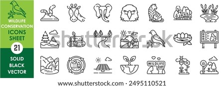 A set of line icons related to wildlife conservation. Wild, animals, tiger, elephant, eagle, pond, forest, eco system, nest, bees, national parks and so on. Vector outline icons set.