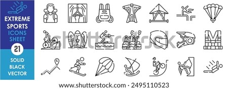 A set of line icons related to extreme sports. Skydiving, tourist, surfing, flight, parkour, parachute, rafting, helmet, rock climbing, and so on. Vector outline icons set.