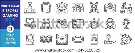 A set of line icons related to video game, e-sports, and gaming. Console, headphone, virtual reality, keyboard, mouse, computer, online and so on. Vector outline icons set.