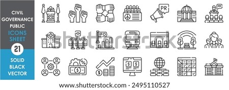 A set of line icons related to governance, public, and civil. Leadership, politics, public, vehicles, group, society, investment, park, government, co-operation, peace, law and so on.