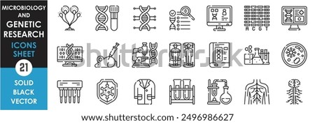 A set of line icons related to Microbiology and Genetic Research. Genetic, DNA, report, cloning, neuron, bacteria, virus, biology, cells, medical, books, and so on. Vector outline icons set.