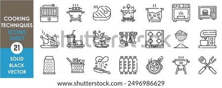 A set of line icons related to Cooking Techniques. Grill, bake, boil, cook, fry, roast, BBQ, utensils, coffee, electric, flour, and so on. Vector outline icons set.