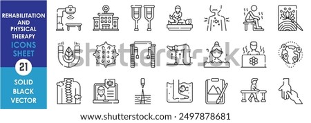 A set of line icons related to Rehabilitation and Physical Therapy. Natural, magnetic, massage, hydrotherapy, worldwide, exercise, fish spa, online, therapy balls and so on. Vector outline icons set.