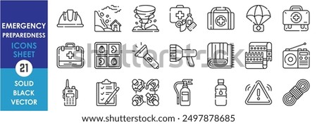 A set of line icons related to Emergency Preparedness. Helmet, disaster, aid, kit, bag, dried food, flashlight, clothes, radio, planning and so on. Vector outline icons set.