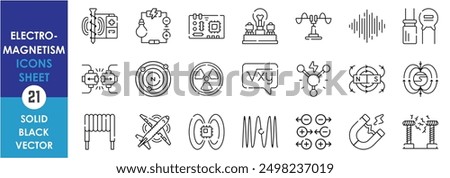 A set of line icon related to Electromagnetism. Electric, magnetic, circuit, capacitor, inductors, wires, electromagnetic, magnetic field and so on. Vector outline icons set.