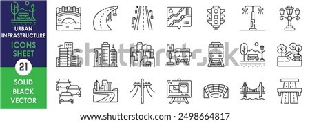 A set of line icons related to Urban Infrastructure, Road, bridge, bus stop, traffic, buildings, map, park, stadium, transportation and so on. Vector outline icons set.