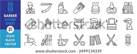 A set of line icons related to Barber. Barber, scissors, male, female, mirror, blade, haircut, salon, shampoo, color, and so on. Vector outline icons set.