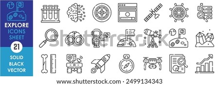 A set of line icons related to Explore. Exploration, visit, science, space, business, trade, search, lens, gems, lab, compass and so on. Vector outline icons set.