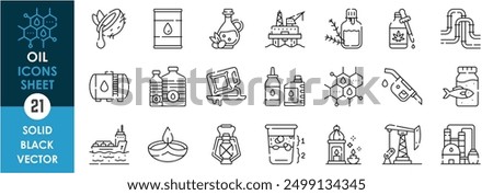 A set of line icons related to Oil. Edibles, refined, industry hydrocarbon, coconut, olive, lamp, fish, pipeline, tank and so on. Vector outline icons set.