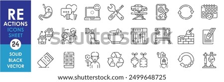 A set of line icons related to re-doing actions. Reuse, reaction, rework, recycle, reform, repair, replace, remix, rebuild, and so on. Vector outline icons set.