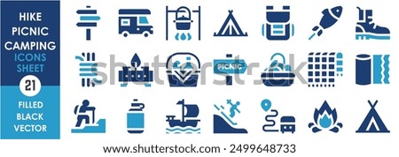 A set of solid icons related to Hike, Picnic, and Camping. Food, travel, adventure, hike, camp, cloth, boot, fishing, rope, stove, fire and so on. Vector filled icons set.