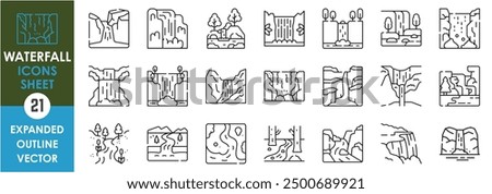 A set of line icons related to Waterfall. River, spring, fall, water, fountain, mountain, cliff, natural, Niagara, rocks, and so on. Vector outline icons set.