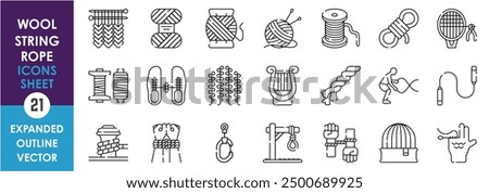 A set of line icons related to Wool, String and Rope. Music, rope, knit, woolen sweater, beanie, yarn, jump, tied, and so on. Vector outline icons set.