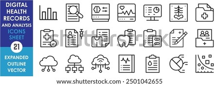 A set of line icons related to Digital Health Records and Analysis. Health, record, statistics, data, historic, paper, dental, histogram, and so on. Vector outline icons set.