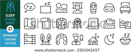 A set of line icons related to Sleep. Sleep, exhaust, dizzy, eyes, tired, sleepy, bed, bunk bed, relax, and so on. Vector outline icons set.