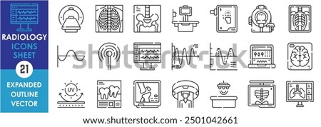 A set of line icons related to Radiology. X-ray, radio, waves, rays, bones, health, CT scan, and so on. Vector outline icons sets.