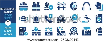 A set of solid icons related to Industrial Safety. Safe, safety, alarm, emergency, health, gears, helmet, construction, chemical, fire, and so on. Vector filled icons set.