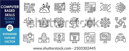 A set of line icons related to Computer Based Skills. Design, Develop, create, webpage, network, graphic, shopping, training, gaming, and so on. Vector outline icons set.