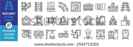 A set of line icons related to Railway. Rail, track, barrier, map, bell, ticket, transport, railway station, mine, subway, tunnel, and so on. Vector outline icons set.