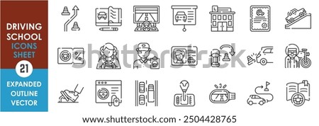 A set of line icons related to Driving School. School, drive, ride, trainer, license, learn, simulate, way, classes, certificate, and so on. Vector outline icons set.