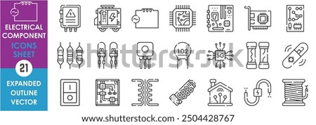 A set of line icons related to Electrical Component. Electrical, circuit, inductor, capacitor, diode, motherboard, fuse, distributor, semi-conductor, resistor, and so on. Vector outline icons set.