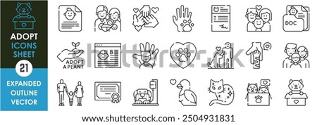 A set of line icons related to Adopt. Adoption, care, cat, dog, pet, child, family, parents, agreement, plant, documents, and so on. Vector outline icons set.