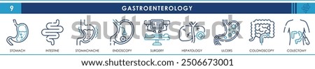 A set of line icons related to Gastroenterology. Stomach, intestine, stomachache, endoscopy, surgery, hepatology, ulcers, colonoscopy and colectomy. Vector outline icons set.