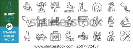 A set of line icons related to Injury. Pain, break, malfunction, bandage, fall, hurt, bleed, ambulance, cure, physical therapy, and so on. Vector outline icons set.