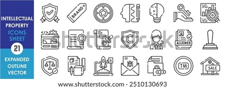 A set of line icons related to Intellectual Property. Protection, brand, target, design, idea, ownership, copyright, trademark, property, legal, and so on. Vector outline icons set.