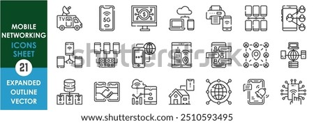 A set of line icons related to Mobile Networking. Network, sharing, communication, backup, restore, smart, chatting, device linkage, connection, and so on. Vector outline icons set.