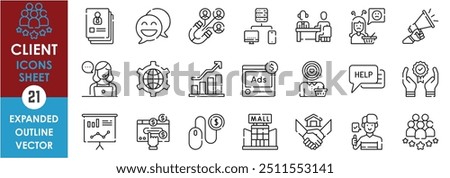 A set of line icons related to Client. Customer, consumer, goods, sale, buy, pay, cash, digital, advertisement, help, discuss, strategy, attract, and so on. Vector outline icons set.